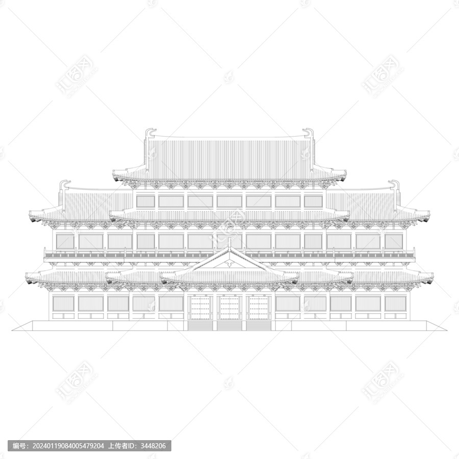 唐風(fēng)藏經(jīng)閣正立面線稿