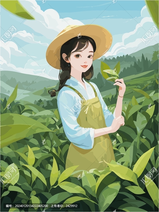 茶园中的采茶少女插画