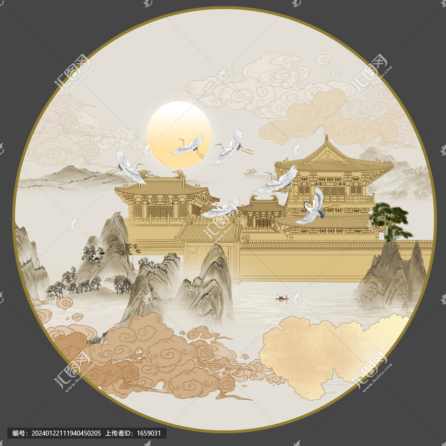 新中式閣樓山水裝飾畫