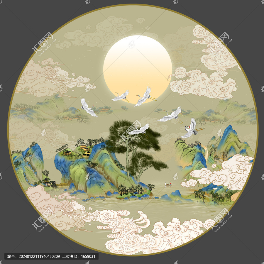 圓形國(guó)潮山水畫(huà)