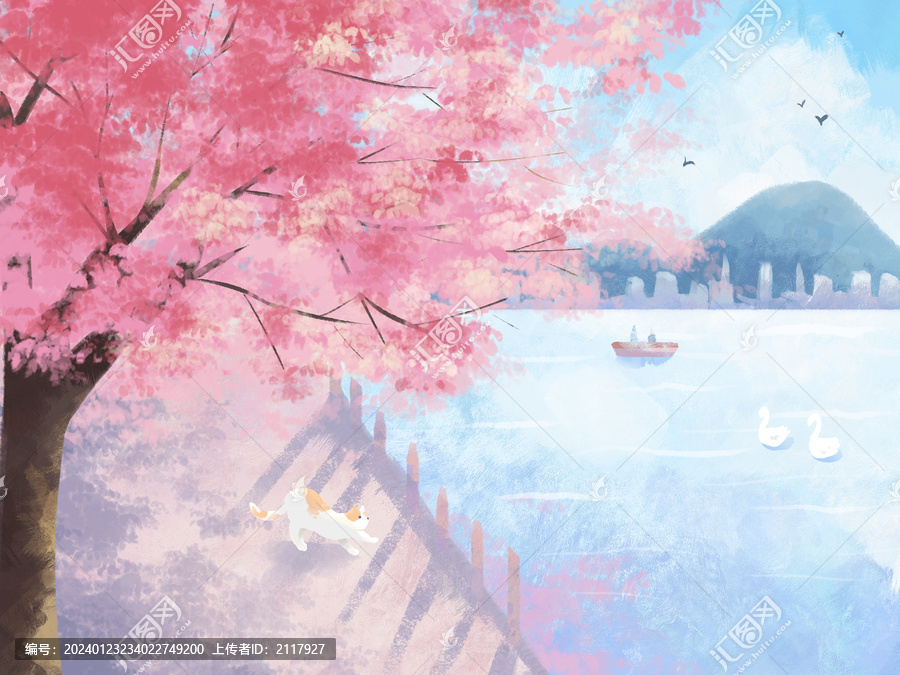 春天插畫桃花樹和小貓
