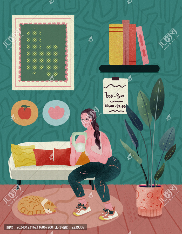 扁平美女室內(nèi)健身插畫