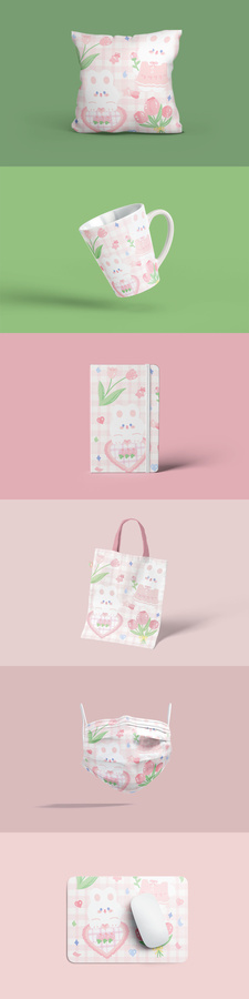 卡通可愛粉色格子郁金香花朵兔子