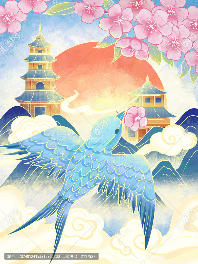 春天燕子銜著桃花飛來