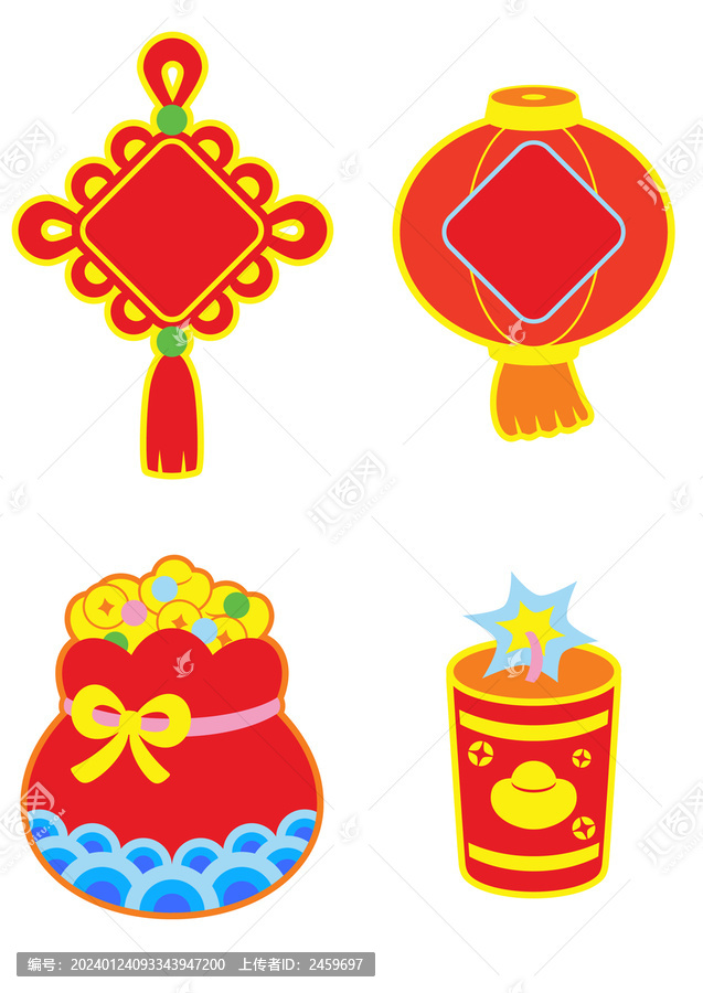 新年春節(jié)燈籠福袋中國(guó)結(jié)爆竹矢量