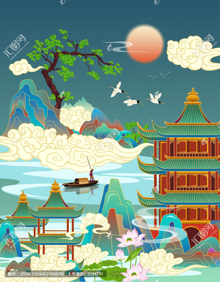 國潮山水樓閣矢量插畫