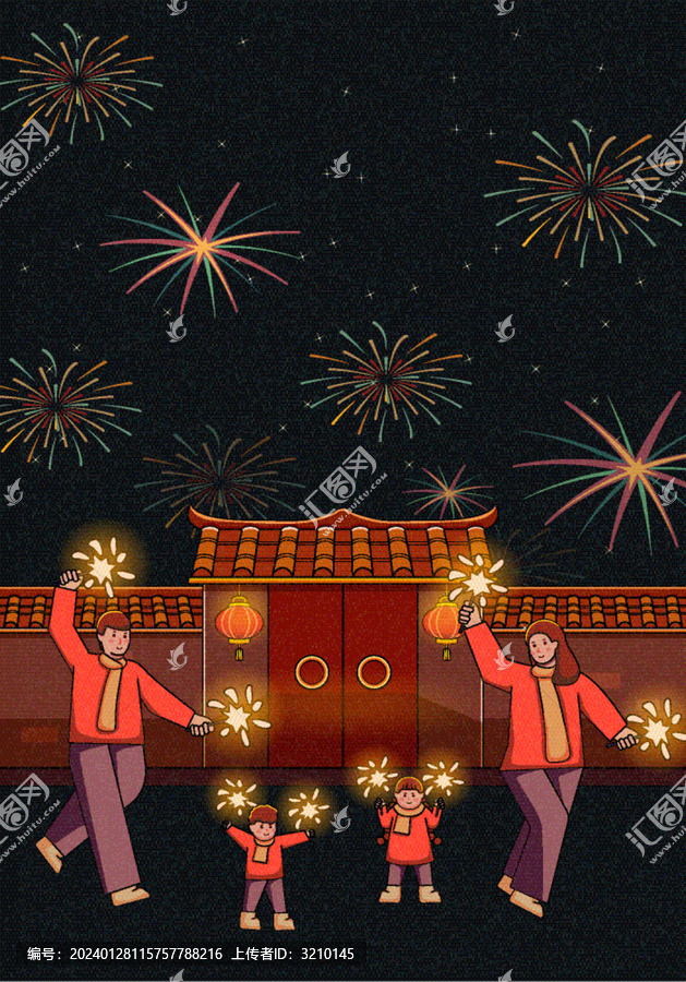 一家人放煙花插畫