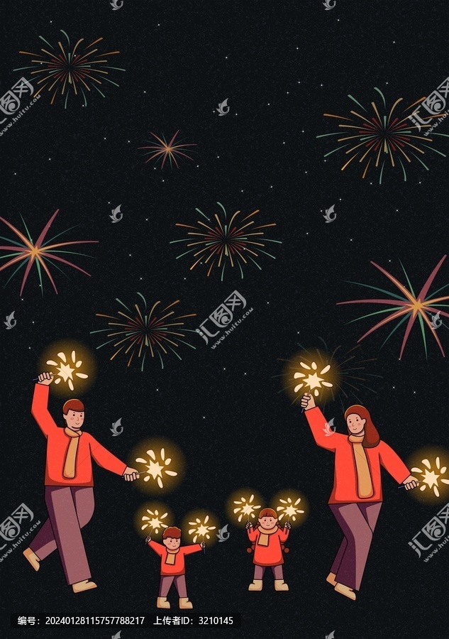 一家人放煙花插畫