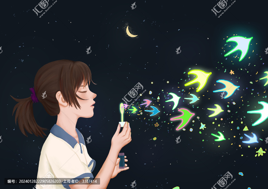 創(chuàng)意唯美女孩吹泡泡插畫