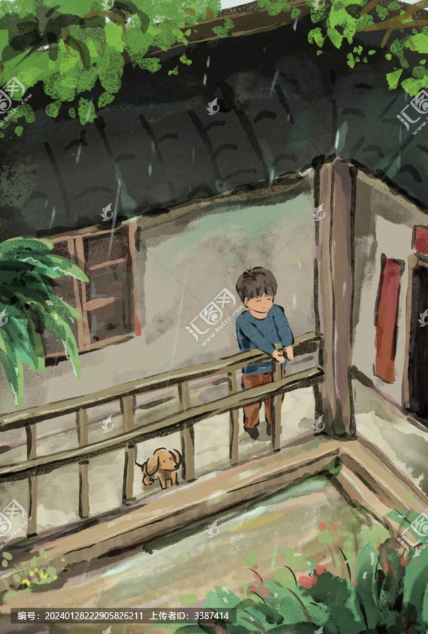 小男孩在院子接雨差