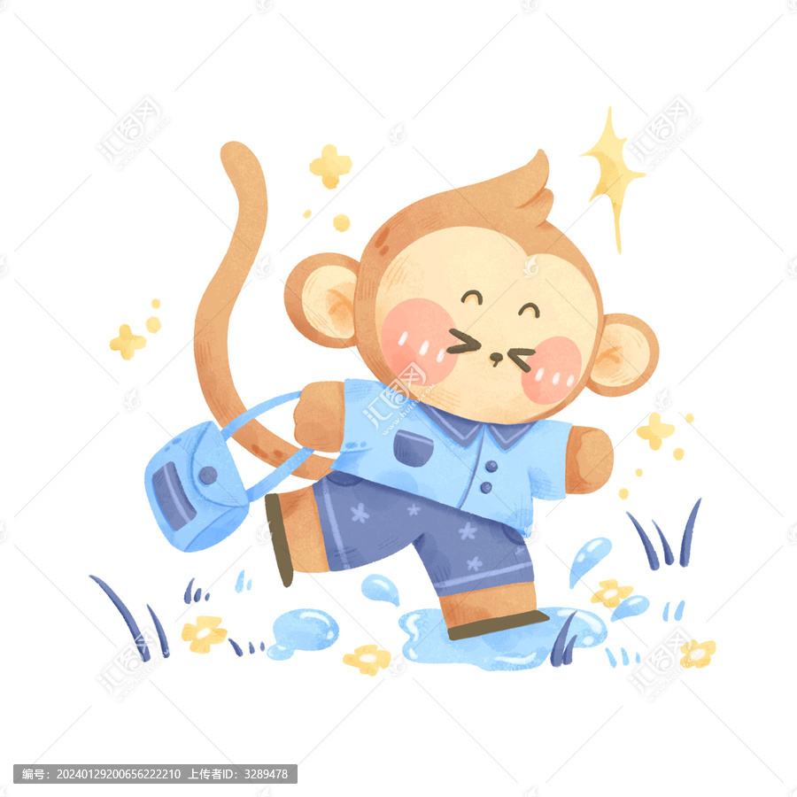 小猴踩水兒童插畫