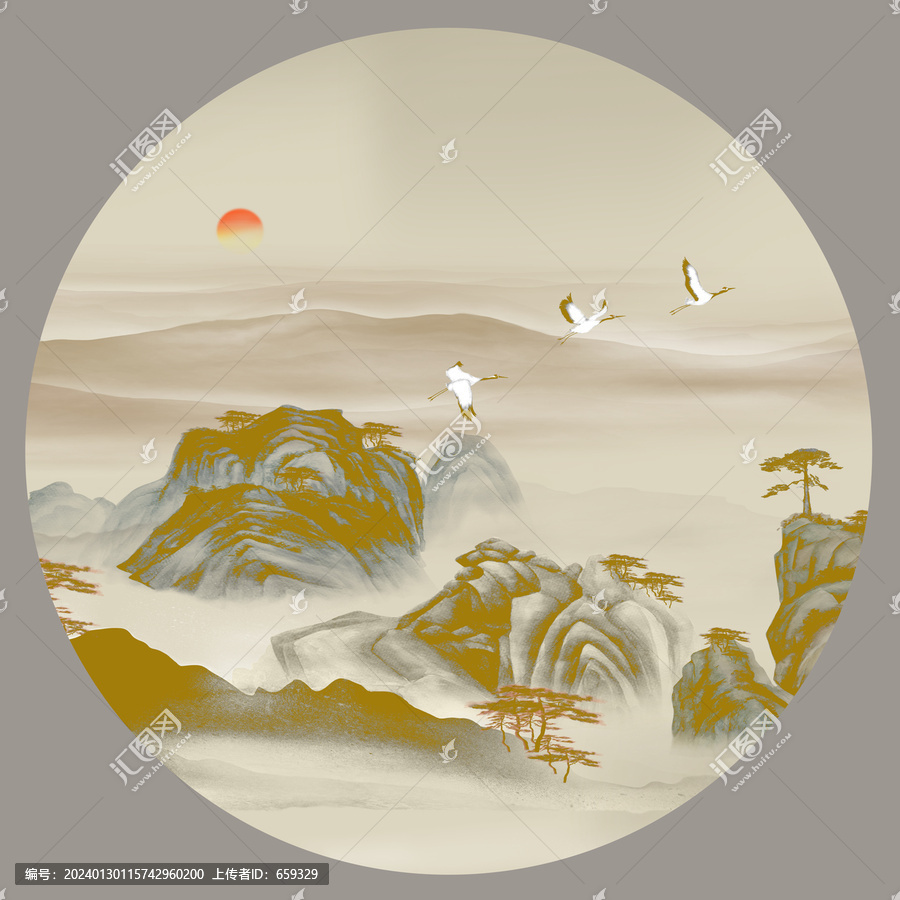 圓形國(guó)潮山水插畫(huà)