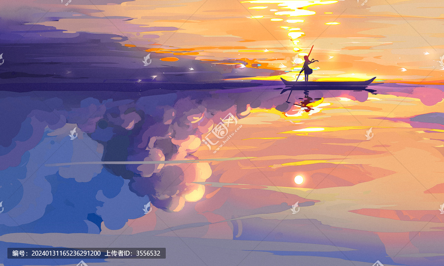 夢(mèng)幻治愈場(chǎng)景黃昏云間的劃船少女