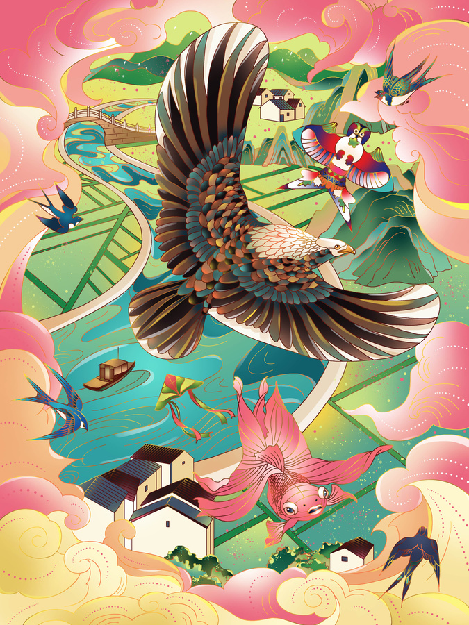 紙鳶風(fēng)箏春季風(fēng)光節(jié)氣古風(fēng)插畫