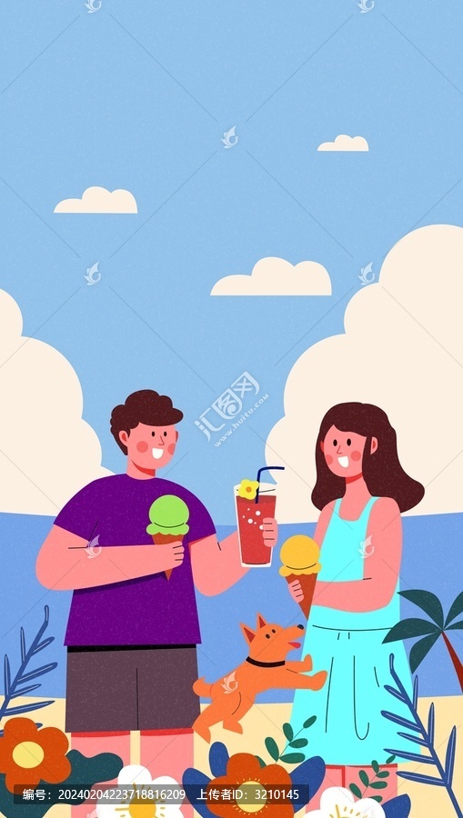 夏天海邊情侶插畫風景海報