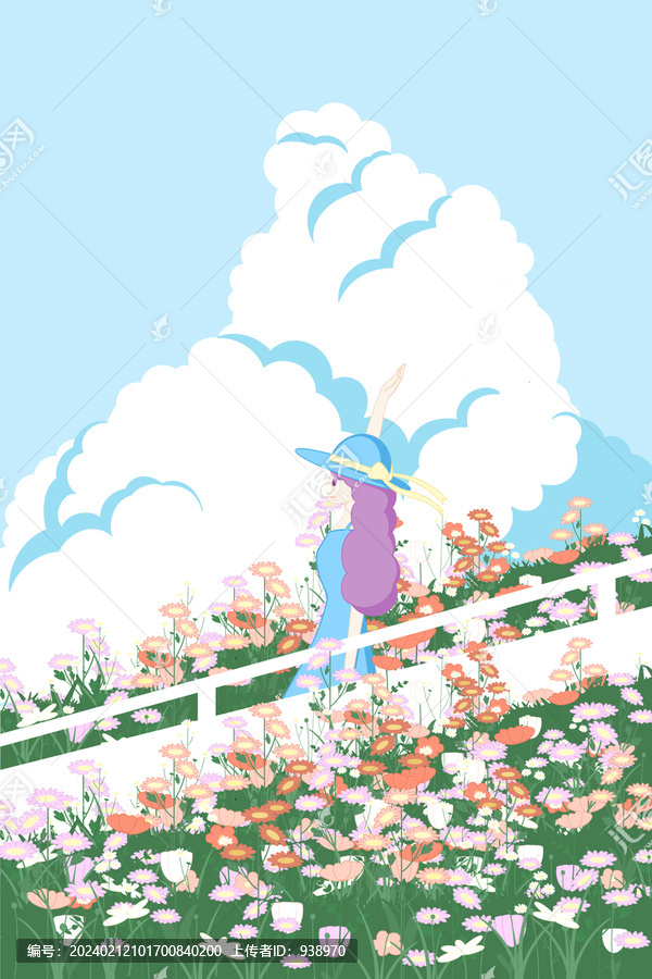 春季童話花海與女孩插畫