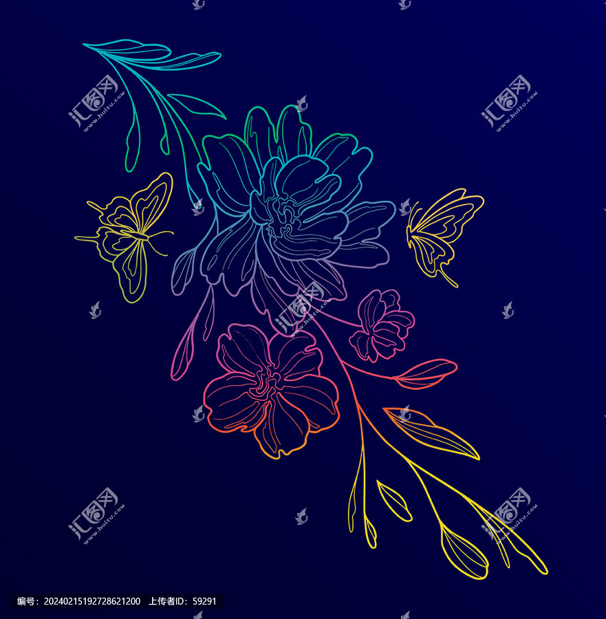 矢量鋼筆線條風格蝶戀花