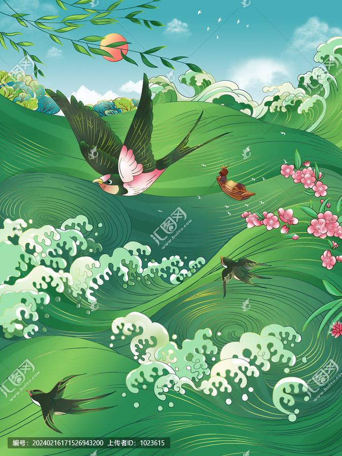 綠水燕子唯美國潮古風(fēng)春季插畫