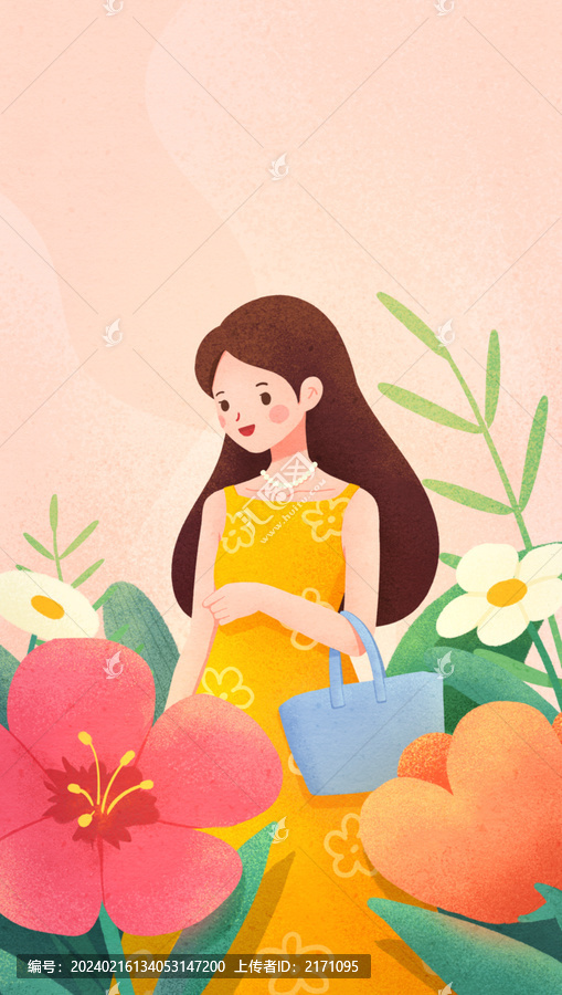 花朵包围下妇女节手绘节日插画