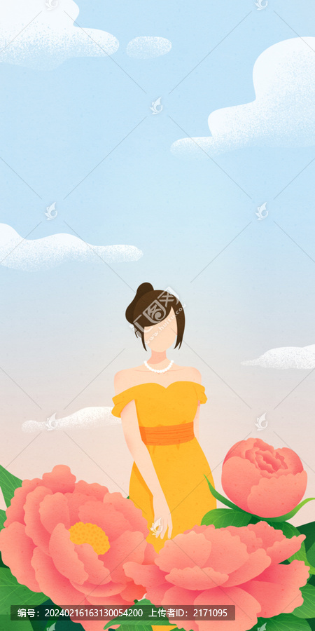 女性身穿禮服站在牡丹花前插畫(huà)