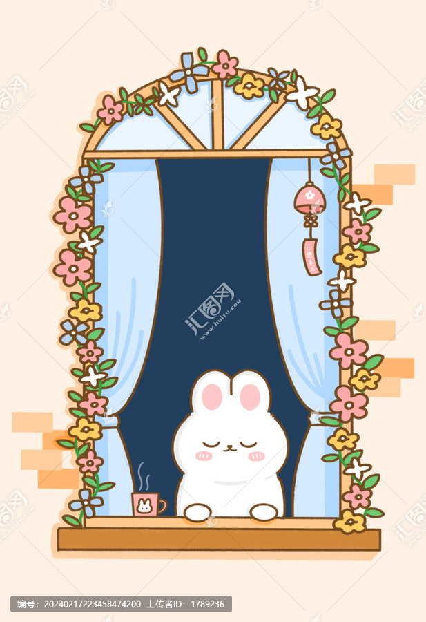 开满鲜花的阳台上的兔子