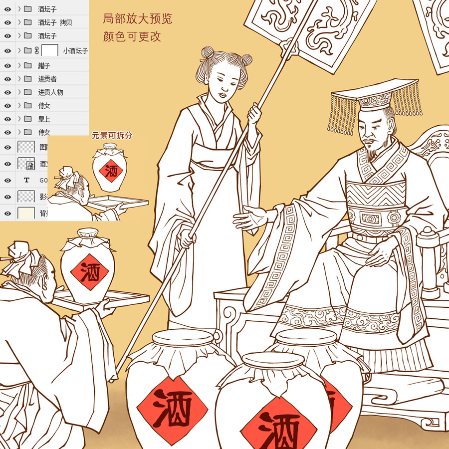 古代宮廷御酒線描圖