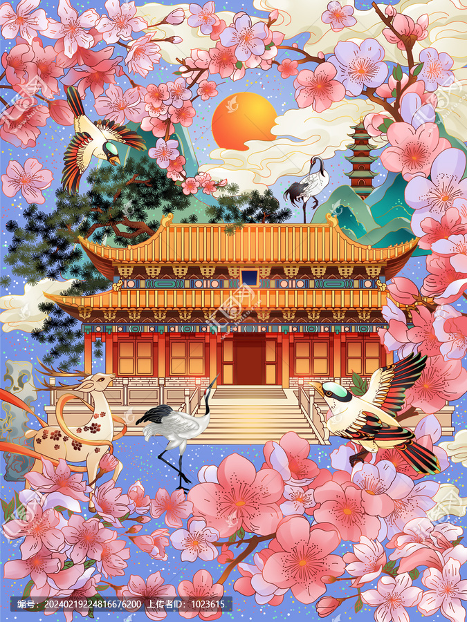 櫻花古建筑國風插畫