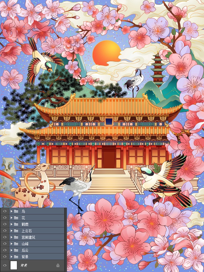 櫻花古建筑國風插畫