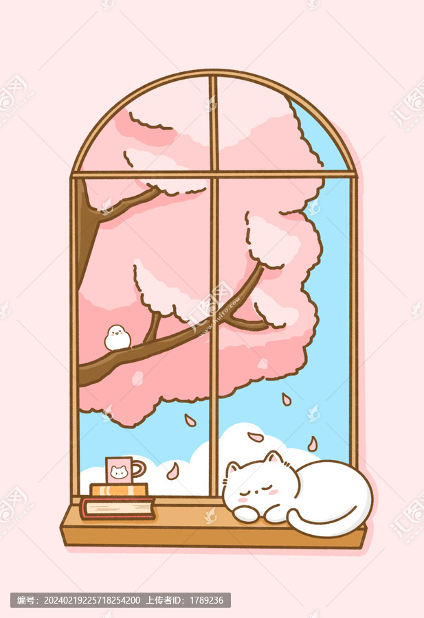 窗外的樱花插画