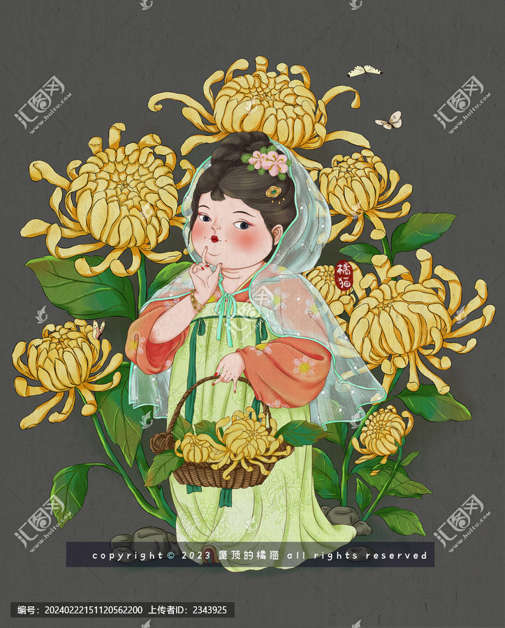 菊花古風(fēng)仕女圖可愛卡通形象
