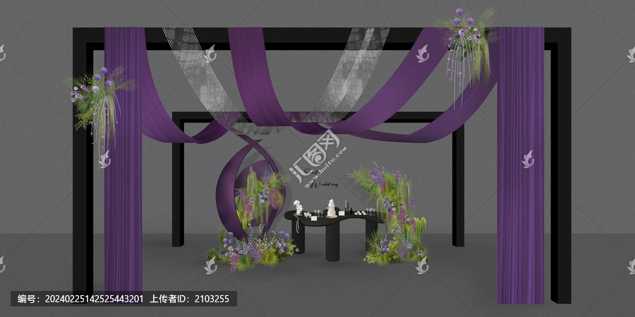 黑紫色婚礼效果图甜品台
