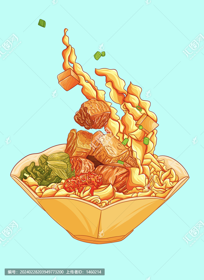 手繪插畫牛腩面燴面刀削面