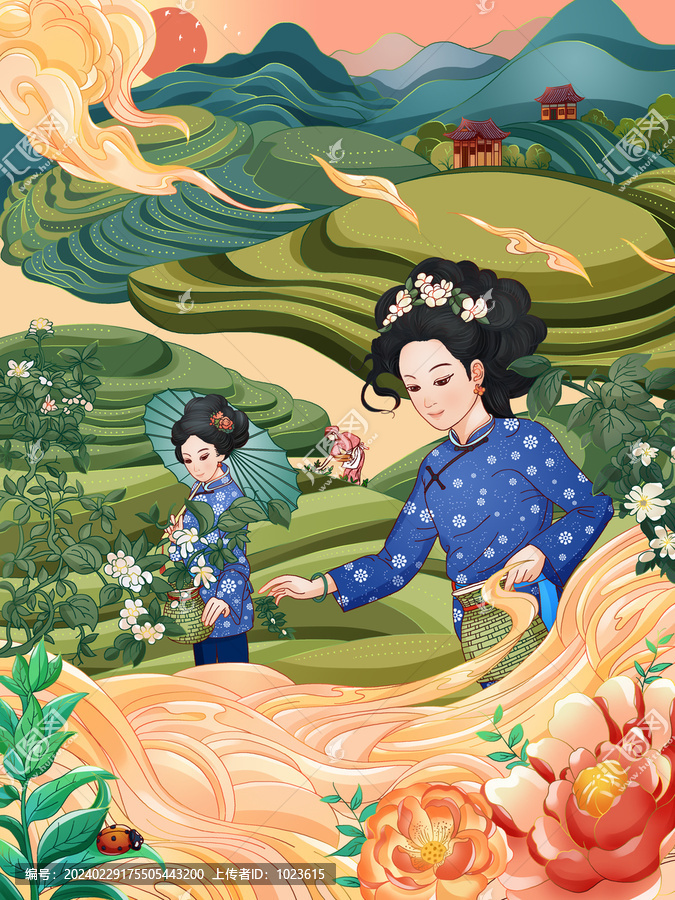 春茶季古風人物完整場景插畫
