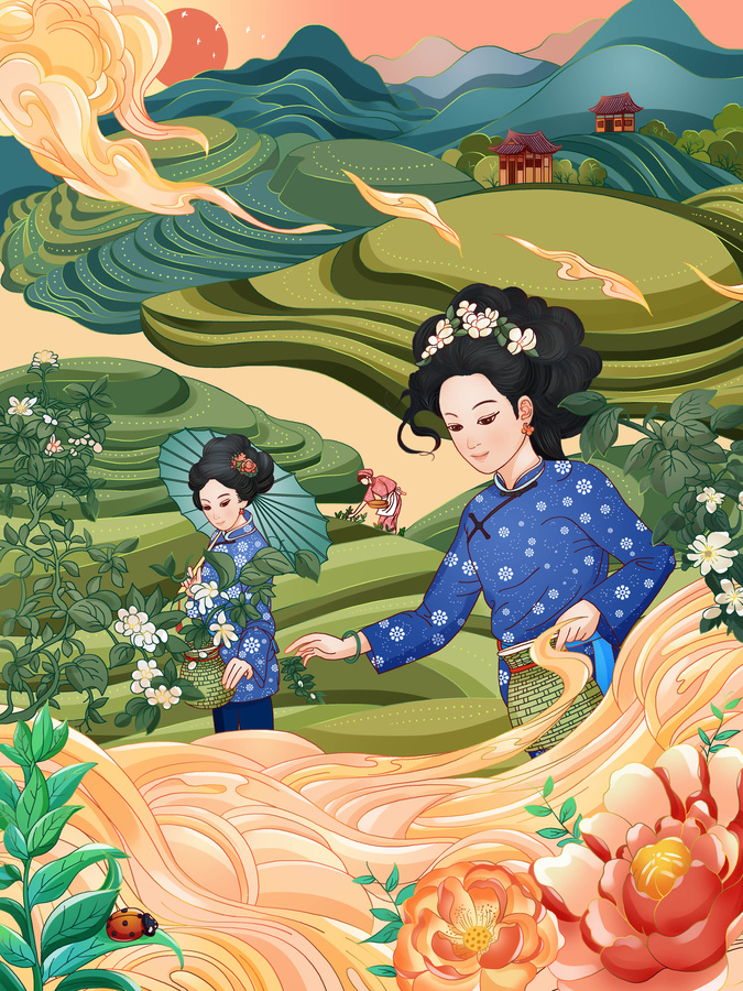 春茶季古風人物完整場景插畫