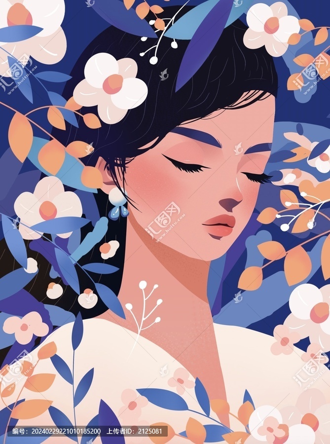 38女王節(jié)花朵女孩手繪扁平插畫(huà)