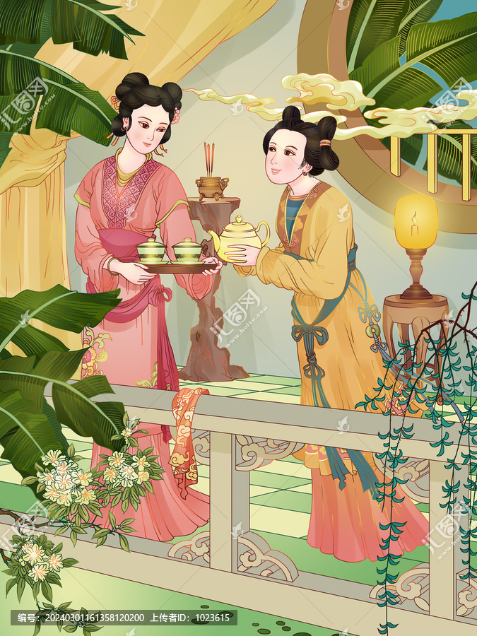 古风人物仕女侍茶场景插画