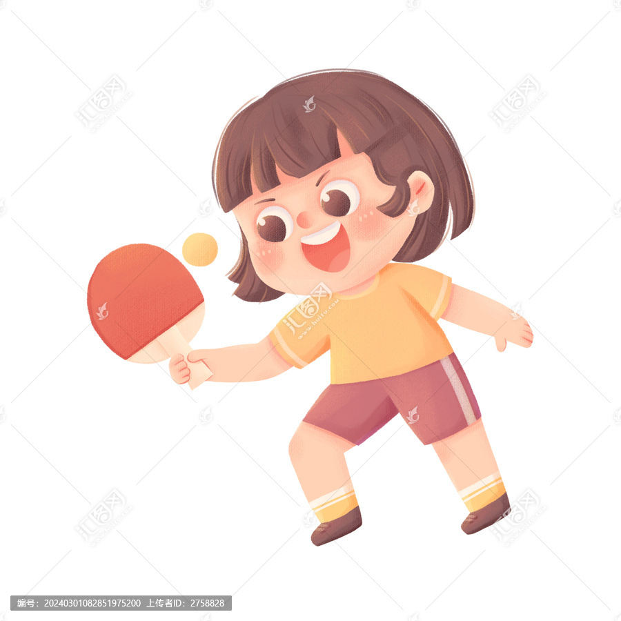開心打乒乓球的小女孩卡通可愛