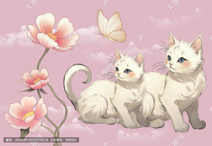 粉色猫咪手绘卡通背景