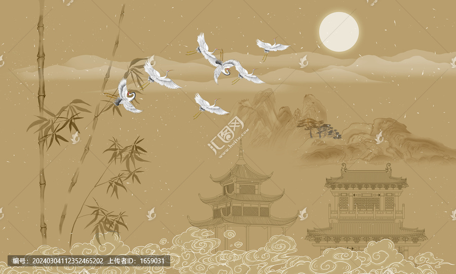 寫意山水樓閣插畫