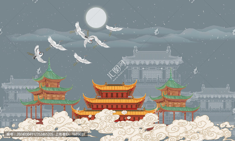 中式復(fù)古樓閣刺繡背景墻