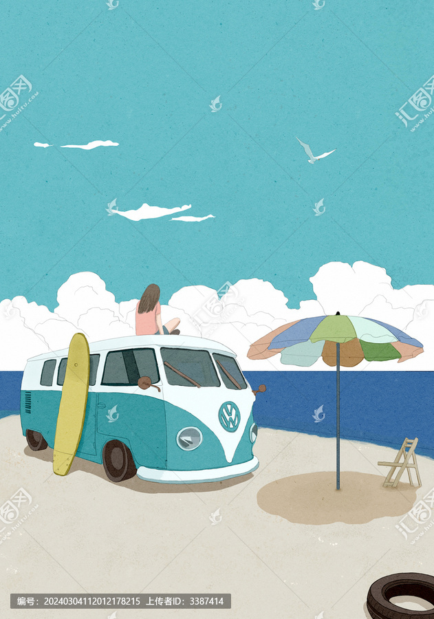 女孩坐在車頂海邊插畫手繪
