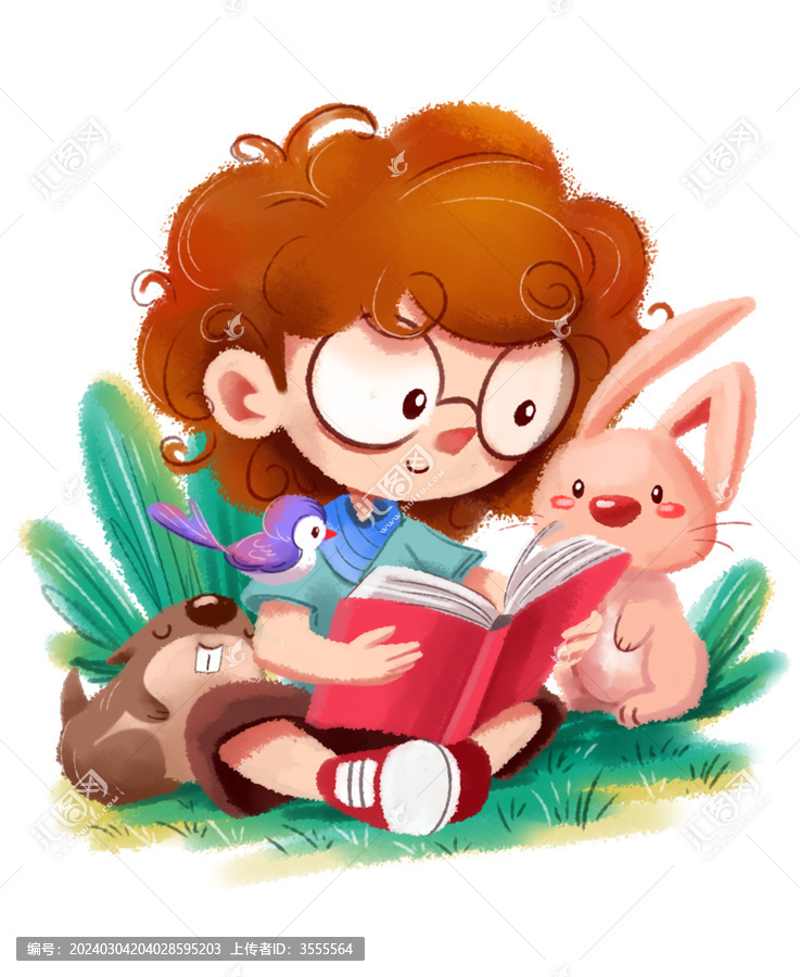 卡通小女孩動物看書
