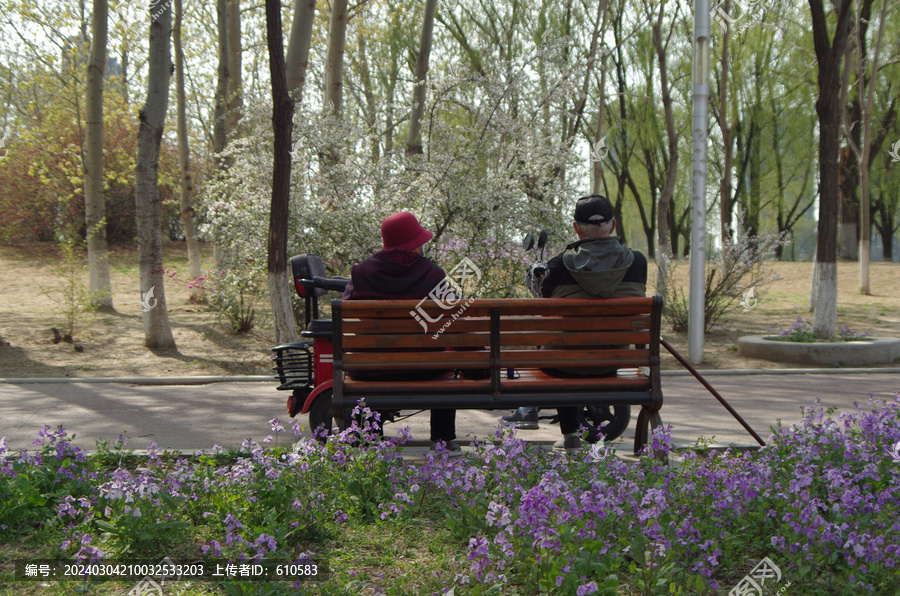 老年夫妇公园长凳相依相偎背景