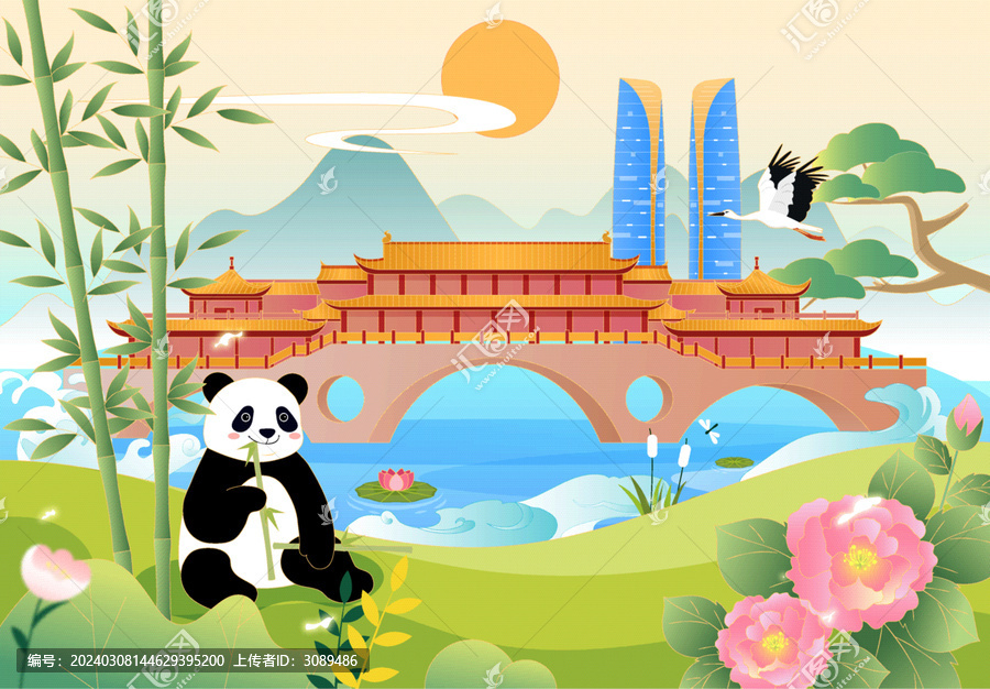 成都城市旅游地標(biāo)國(guó)潮風(fēng)插畫(huà)