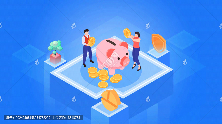 銀行理財(cái)年輕人往存錢罐存錢插畫