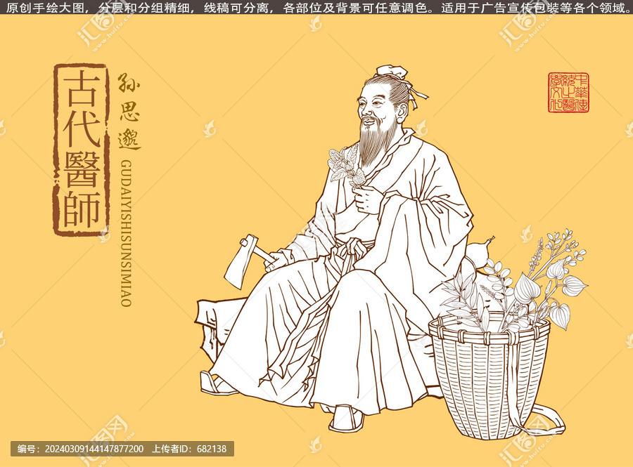 古代医师孙思邈画像线描版