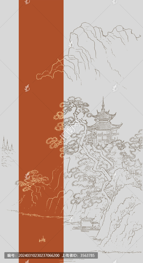 禪意線描山水工筆線條山水畫