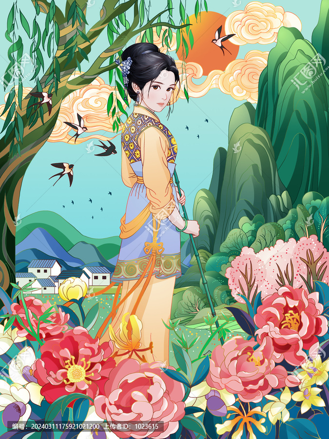 清明古風(fēng)仕女人物山水風(fēng)景插畫