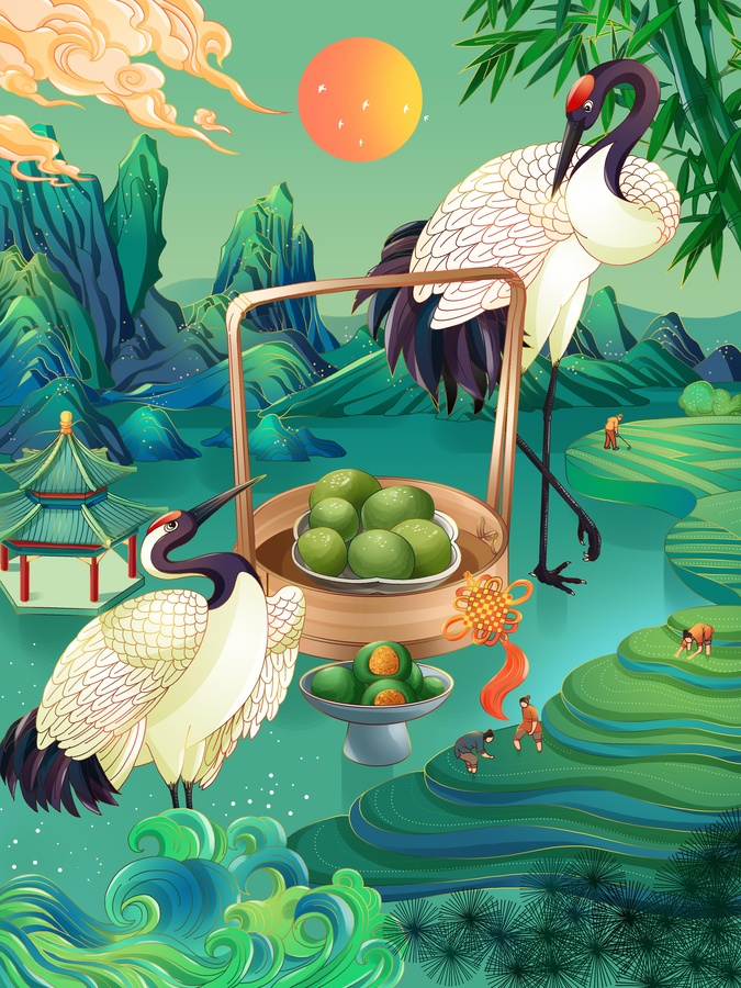 清明白鶴青團(tuán)山水古風(fēng)插畫