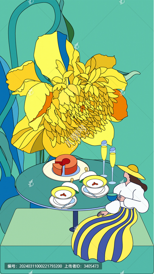 春天巨大花朵下品嘗下午茶的女人